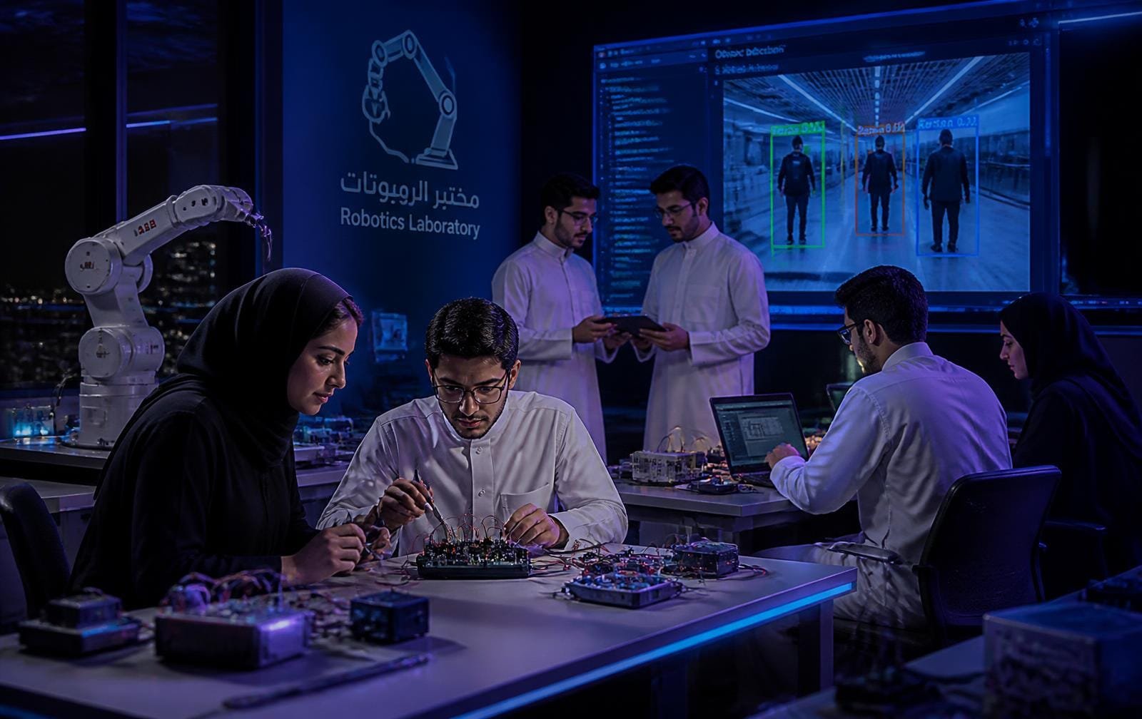 مختبر روبوتات مع ذراع روبوتية وأنظمة رؤية حاسوبية أثناء التصنيع والاختبار
